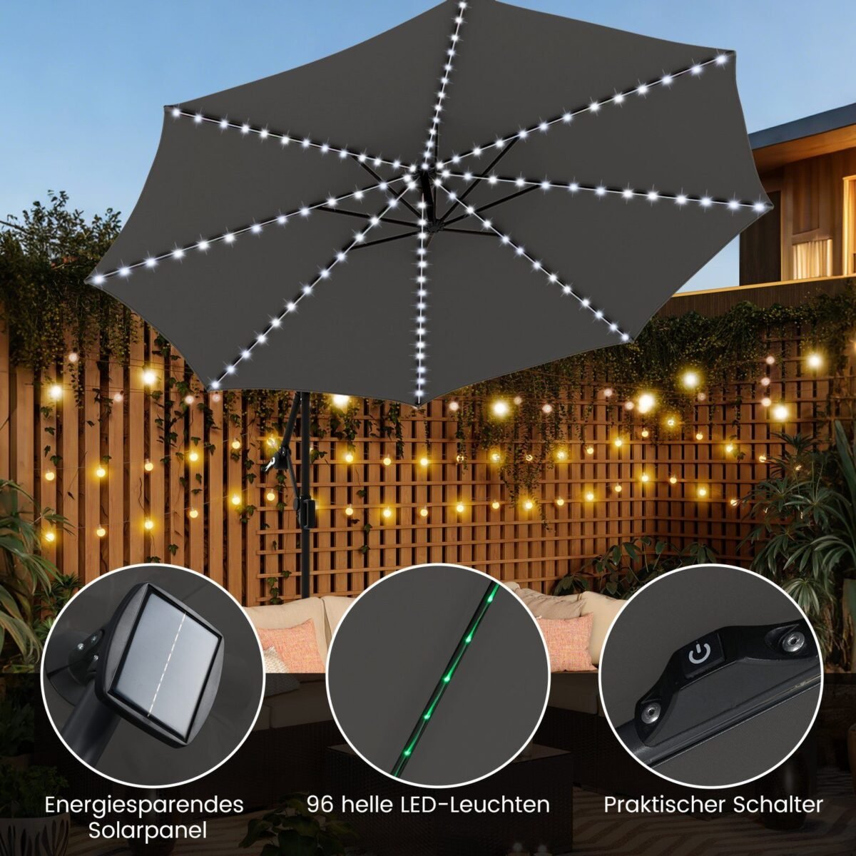 300 cm Kiemo Skėtis su LED apšvietimu ir reguliuojamu kampu (Pilka)