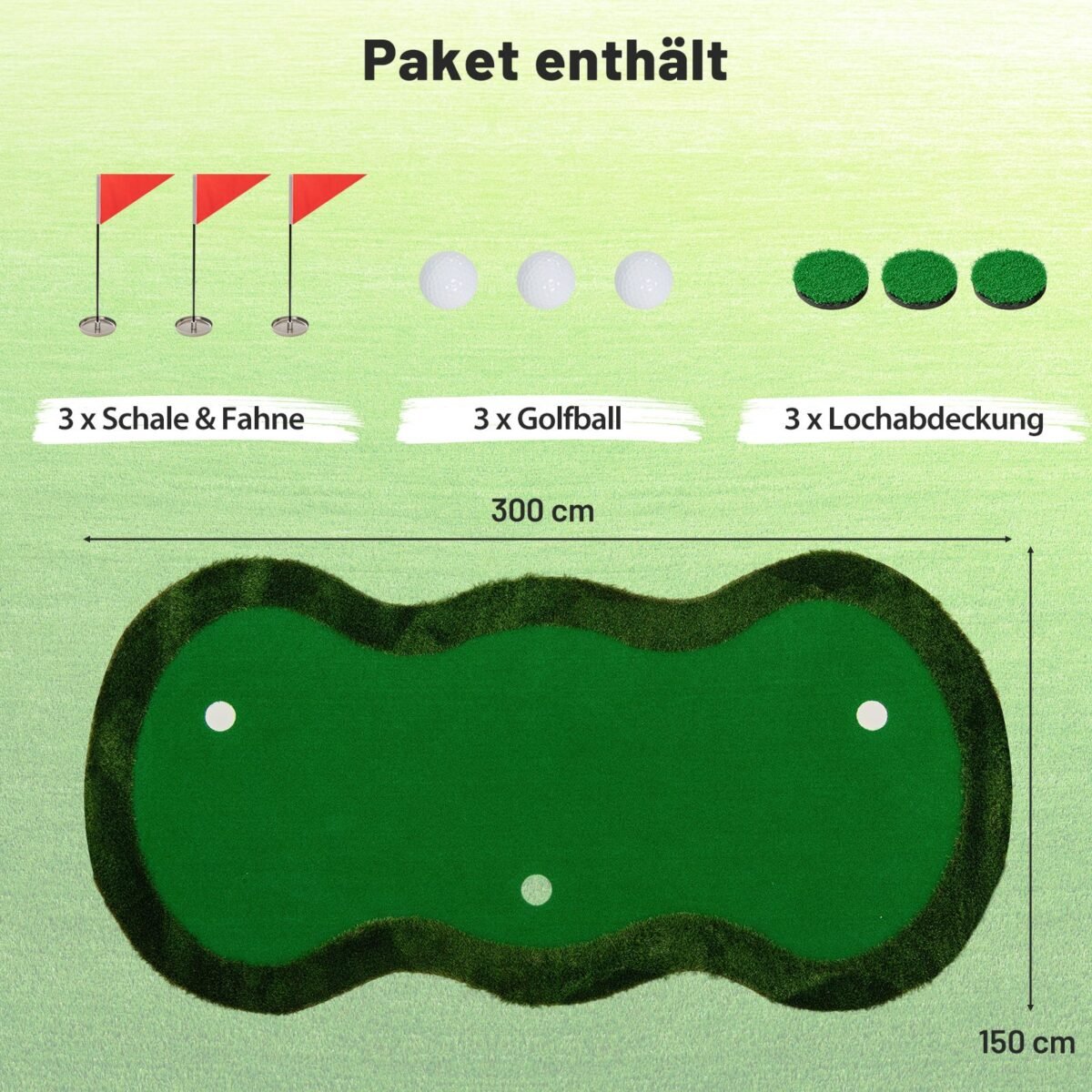 Profesionali golfo treniruočių aikštelė 300x150 cm su 3 skylutėmis (Žalia)