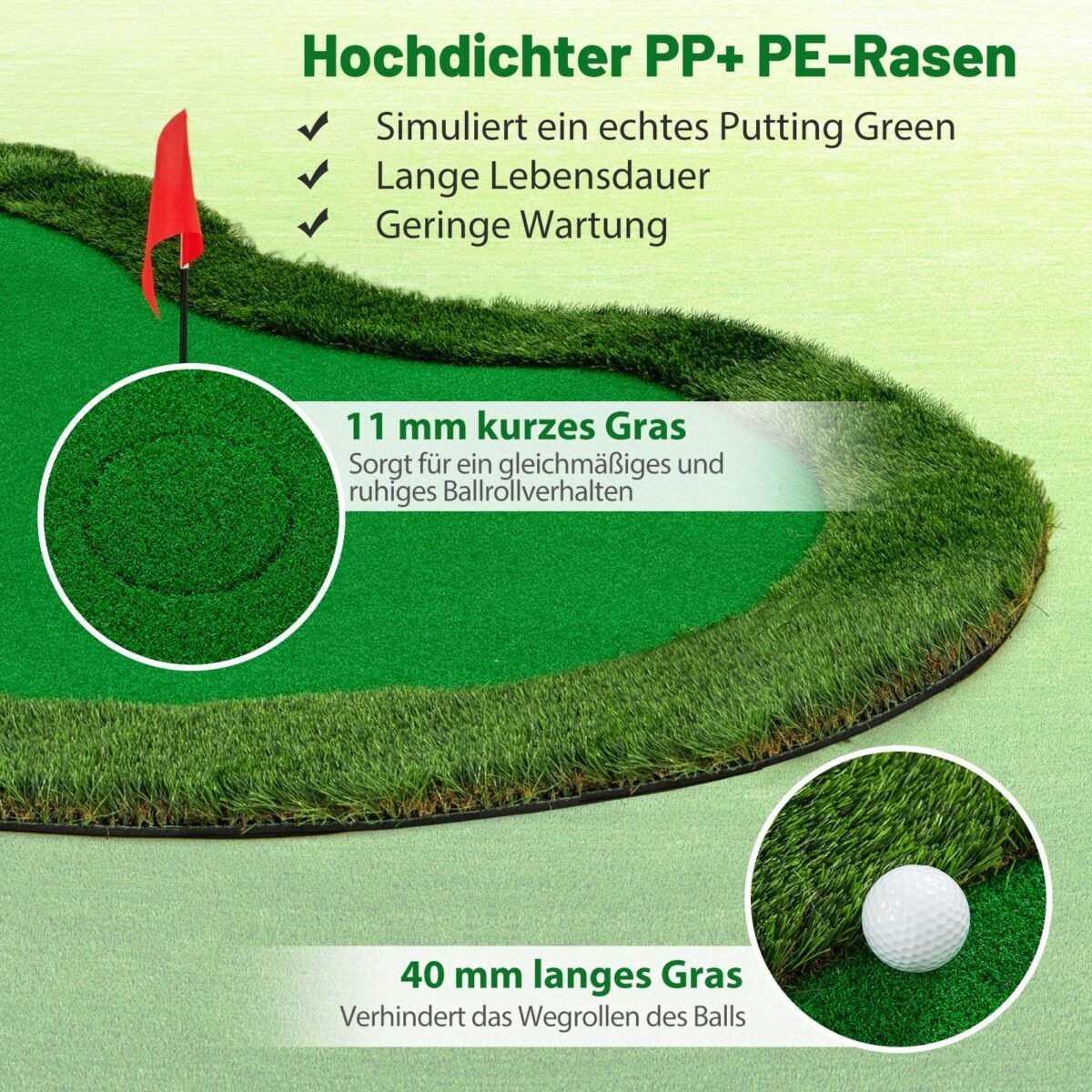 Profesionali golfo treniruočių aikštelė 300x150 cm su 3 skylutėmis (Žalia)