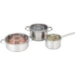 3 dalių nerūdijančio plieno puodų rinkinys su stikliniais dangčiais (Sidabrinė)