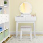 Kosmetinis staliukas su keturiais stalčiais ir taburete (Balta)