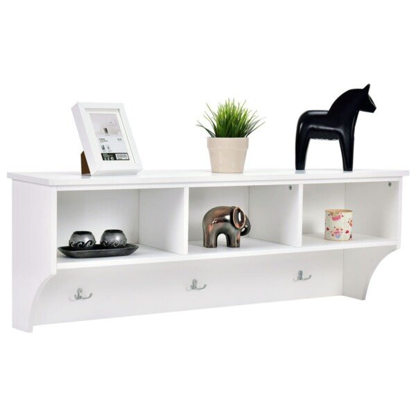 Sieninė pakabinama lentyna su 3 skyriais ir kabliukais (Juoda)