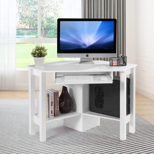 Kampinis rašomasis stalas su ištraukiama klaviatūros lentyna 120x60 cm (Balta)