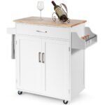 Mobilioji virtuvės salelė su medine darbine plokšte ir laikymo spintelėmis (Balta)