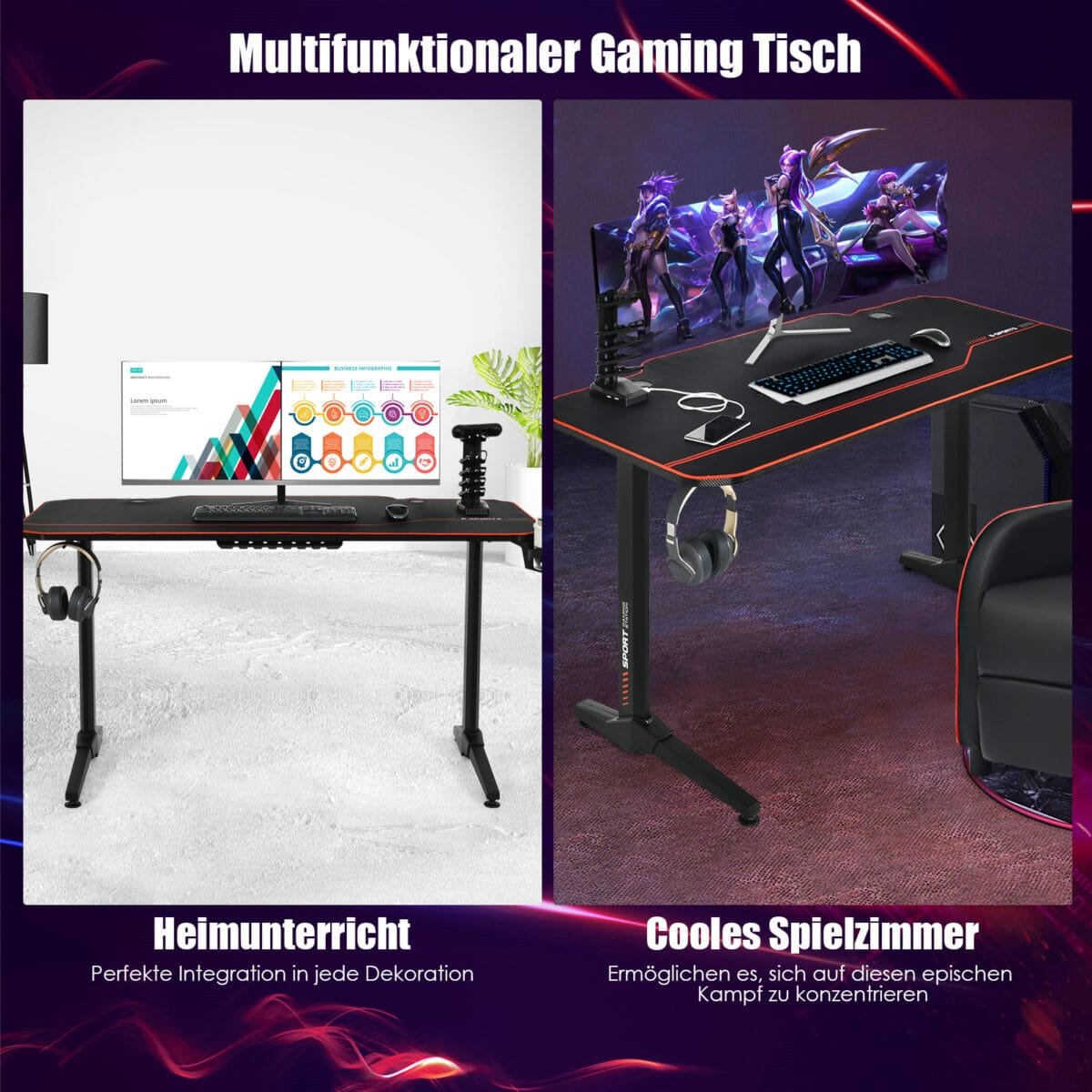 Ergonomiško dizaino žaidimų stalas su integruota USB įkrovimo stotele (Juoda)