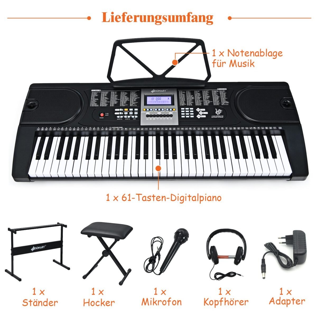 61 klavišo skaitmeninis pianinas su stovu ir mikrofonu (Juoda ir balta)