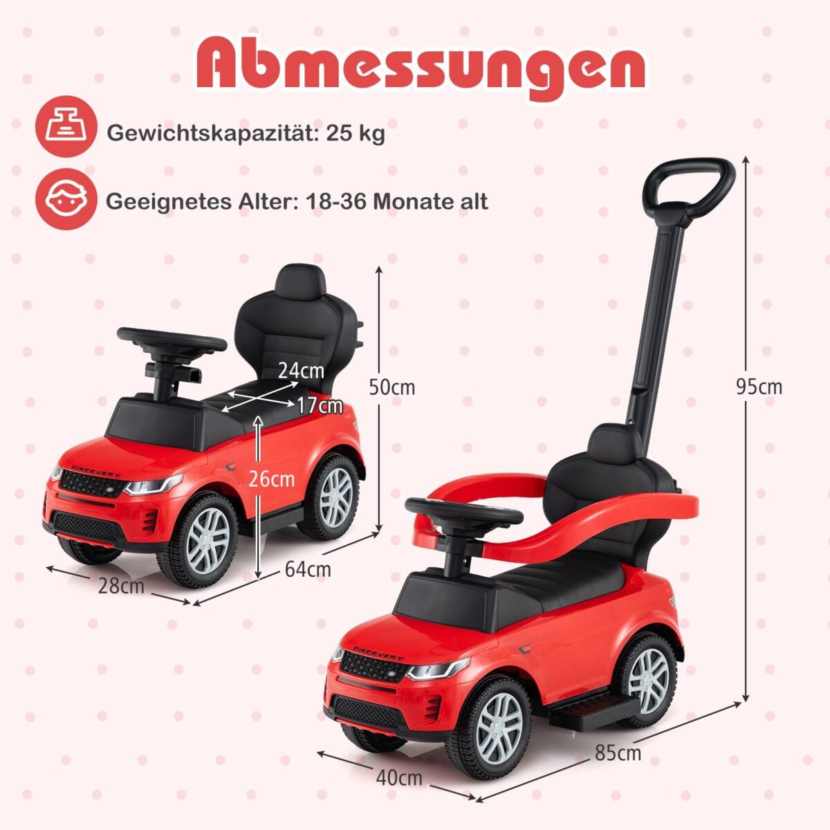 3-in-1 vaikiškas automobilis su stūmimo rankena (Raudona)