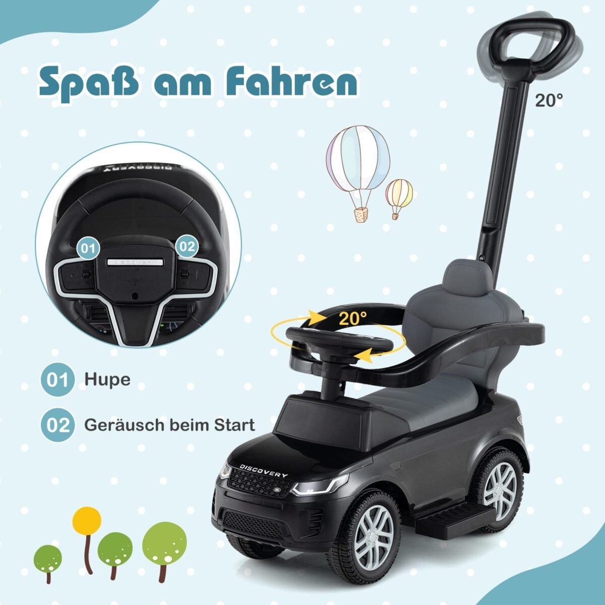 Vaikiškas automobilis su stūmimo rankena ir pedalais (Juoda)