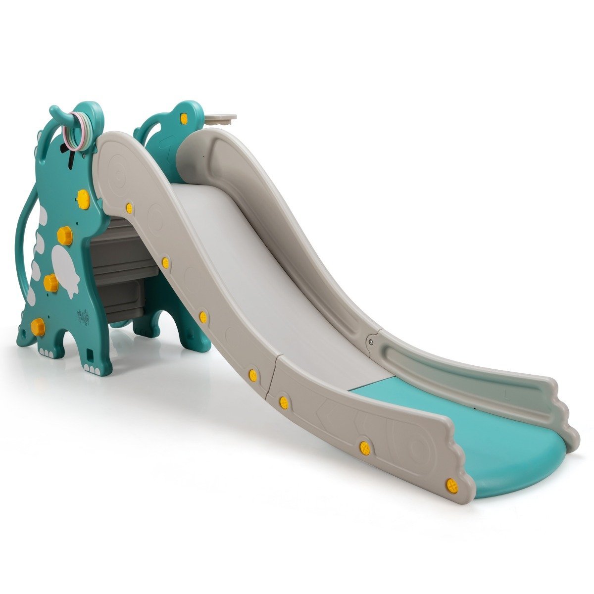 4-in-1-dinosaurierrutsche-spielset-ty327762gn_7_ 4-in-1 Dinozaurų čiuožykla su krepšinio lanku ir laipiojimo elementais (Žalia)