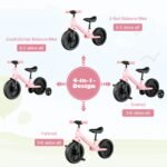 Vaikų dviratukas 4in1 su reguliuojamu vairu ir atraminiais ratais (Rožinė)