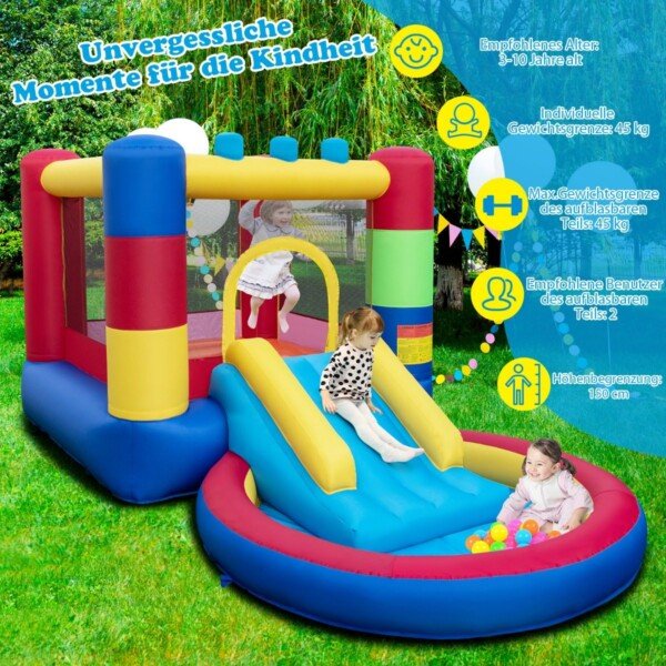 Pripučiama žaidimų pilis su čiuožykla ir krepšinio lenta (Įvairiaspalvė)