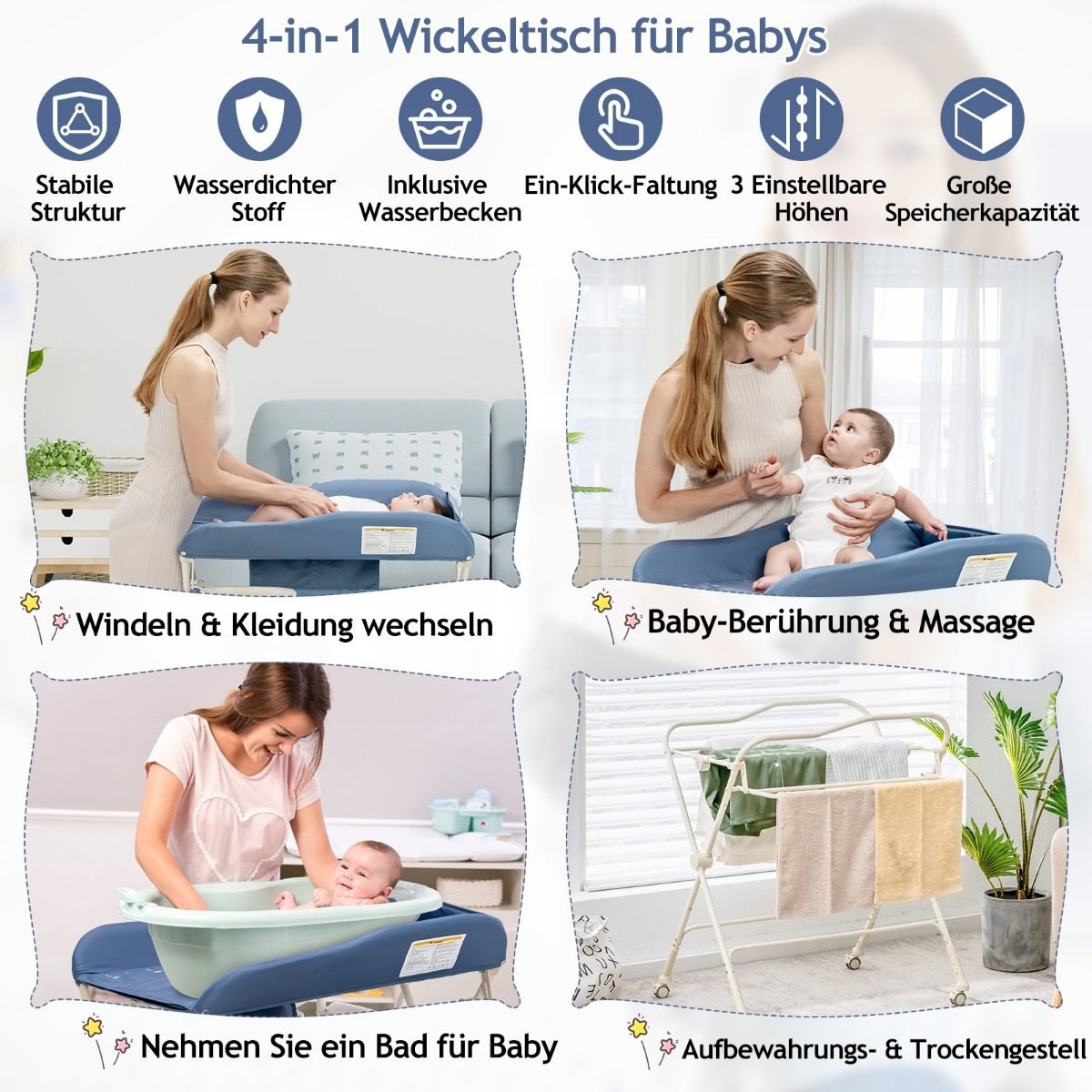 4-in-1-wickeltisch-_klappbar-ac10008bl_8_ Reguliuojamo aukščio sulankstomas vystymo stalas su praustuve (Mėlyna)