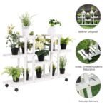 Daugiaaukštis medinis augalų stovas su ratukais (Balta)