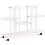 Daugiaaukštis medinis augalų stovas su ratukais (Balta)