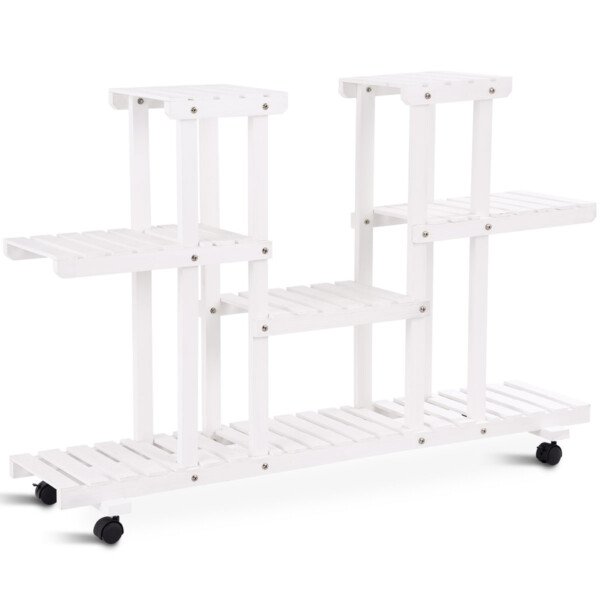 Daugiaaukštis medinis augalų stovas su ratukais (Balta)