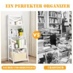 4 pakopų kampinis medinis lentynų stovas su skersine atrama (Balta)