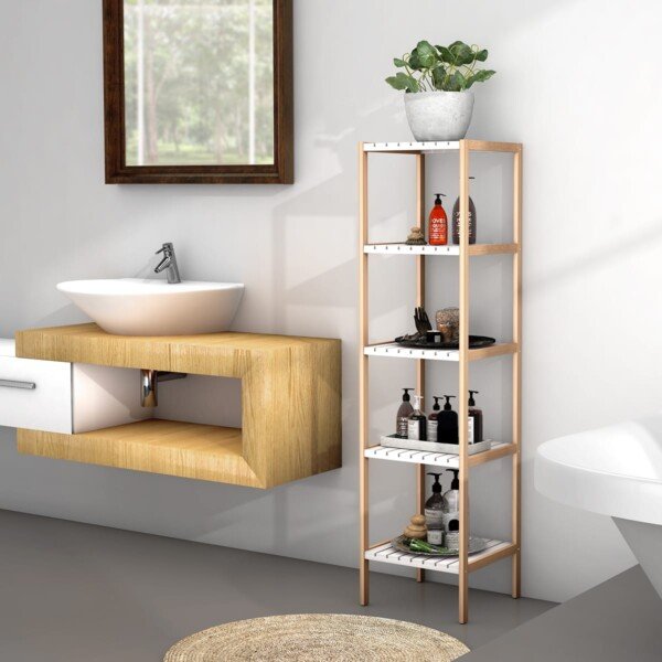 Daugiatikslis bambuko ir MDF stovas su lentynomis (Natūrali)