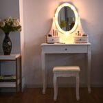 Modernus kosmetinis staliukas su veidrodžiu ir taburete (Balta)