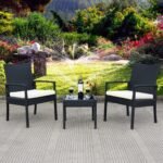 Poliratano lauko baldų komplektas su stikliniu staliuku (Juoda)