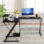 L formos kampinis rašomasis stalas su monitoriaus pakyla (Juoda)