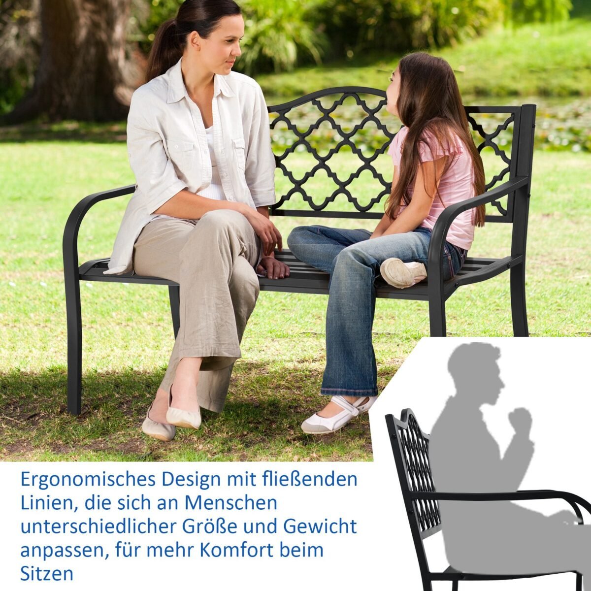 Parko suoliukas su atlošu ir porankiais 128 cm (Juoda)