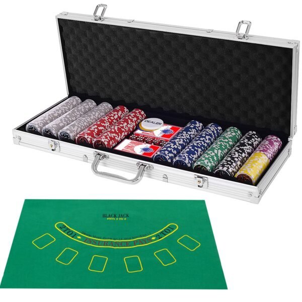 Profesionalus 500 monetų kazino pokerio žaidimų rinkinys su kortomis lošimo kauliukais ir dėklu (Sidabrinė)