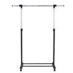Išplečiama drabužių kabykla su apatine lentyna ir ratukais (Juoda ir sidabrinė)