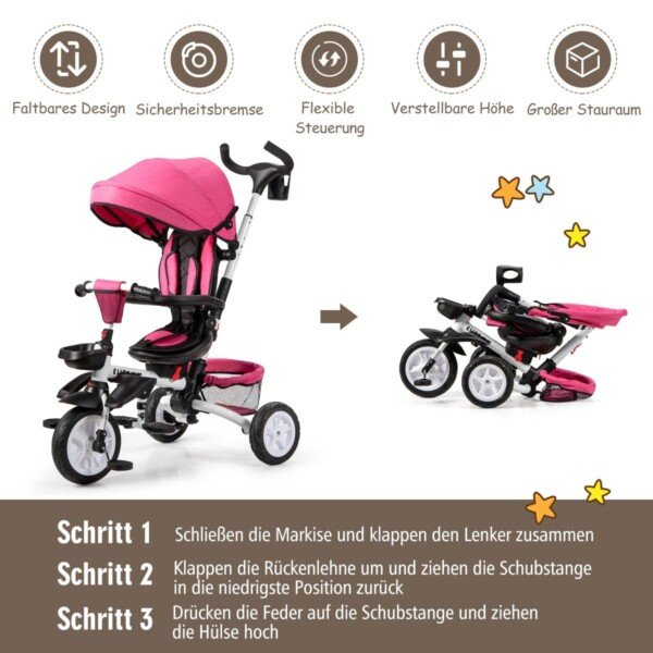 Vaikiškas 6-in-1 triratukas su stogeliu ir saugos diržais (Rožinė)