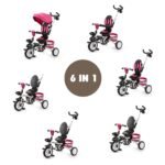 Vaikiškas 6-in-1 triratukas su stogeliu ir saugos diržais (Rožinė)