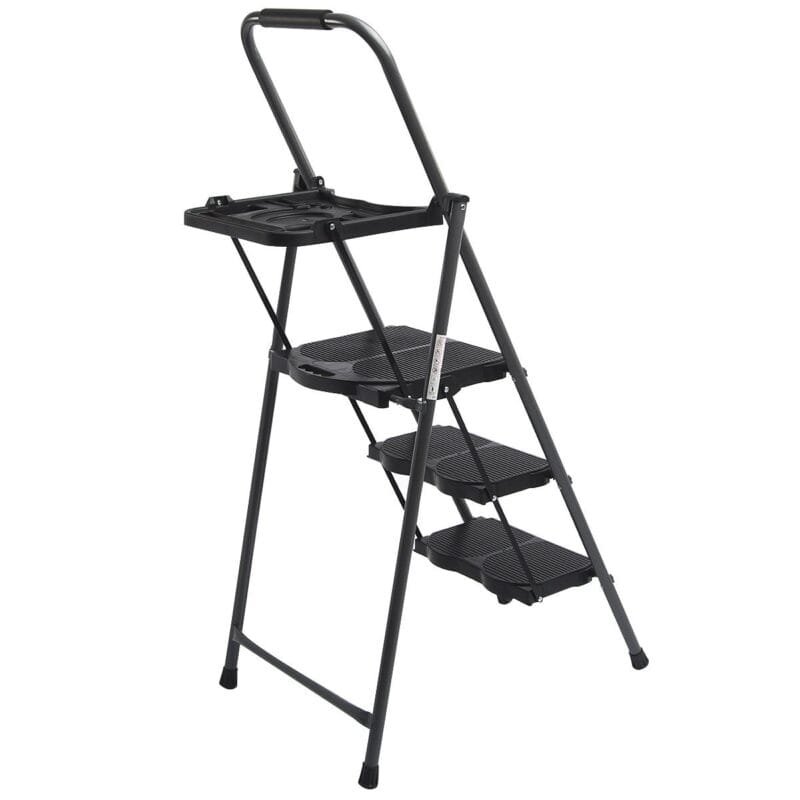 3 pakopų sulankstomos kopėčios su įrankių platforma (Juoda)