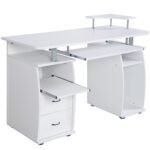 Kompiuterio stalas su ištraukiamu klaviatūros stalčiumi ir spausdintuvo lentyna (Balta)