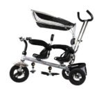 Daugiafunkcis dvivietis vaikiškas triratis su stūmimo rankena (Juoda)