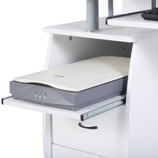 Kompiuterio stalas su ištraukiamu klaviatūros stalčiumi ir spausdintuvo lentyna (Balta)