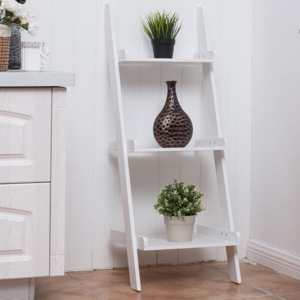Medinė kopėčių lentyna su 3 lentynomis (Balta)