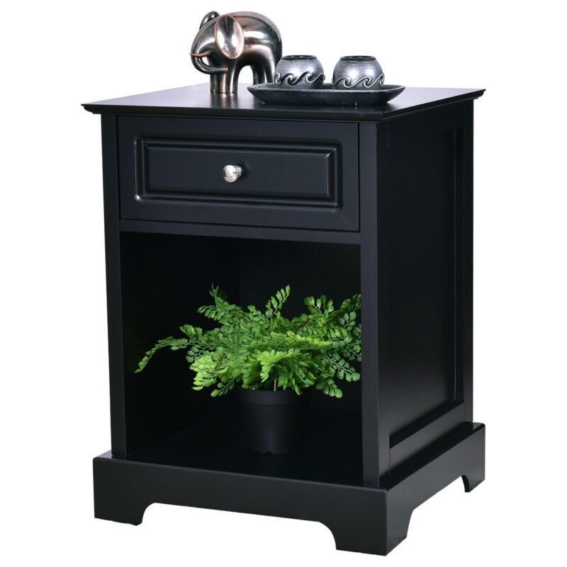 Daugiafunkcinis šoninis staliukas su stalčiumi ir atvira lentyna (Juoda)