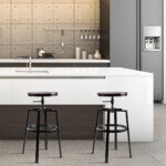 2 vnt. Apvalių reguliuojamo aukščio baro kėdžių su atrama kojoms (Juoda)