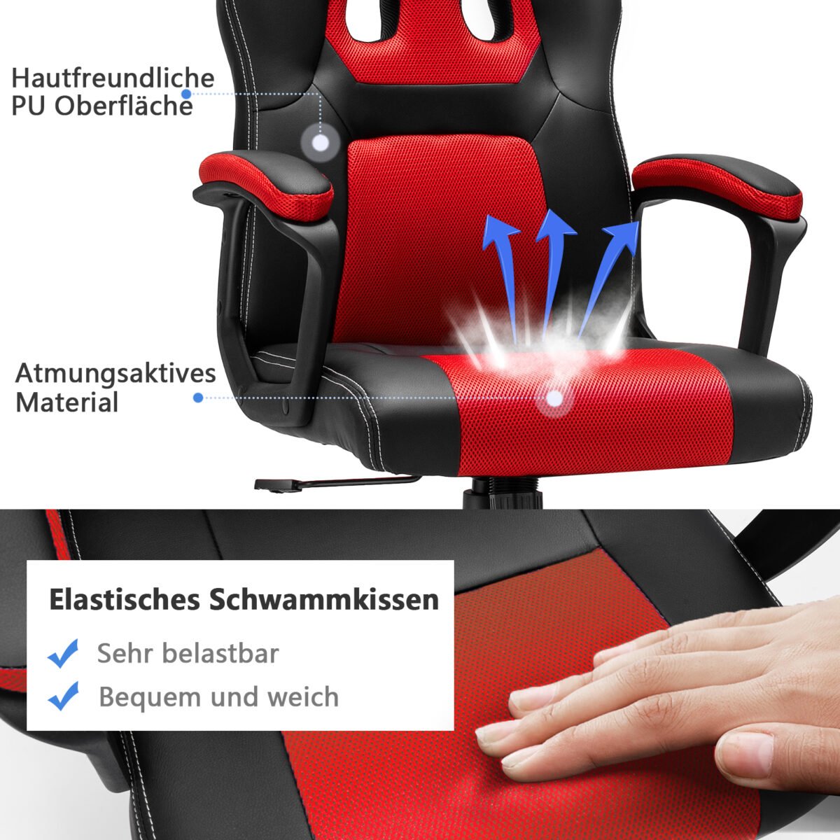 Ergonomiška biuro ir žaidimų kėdė su reguliuojamu aukščiu (Raudona)