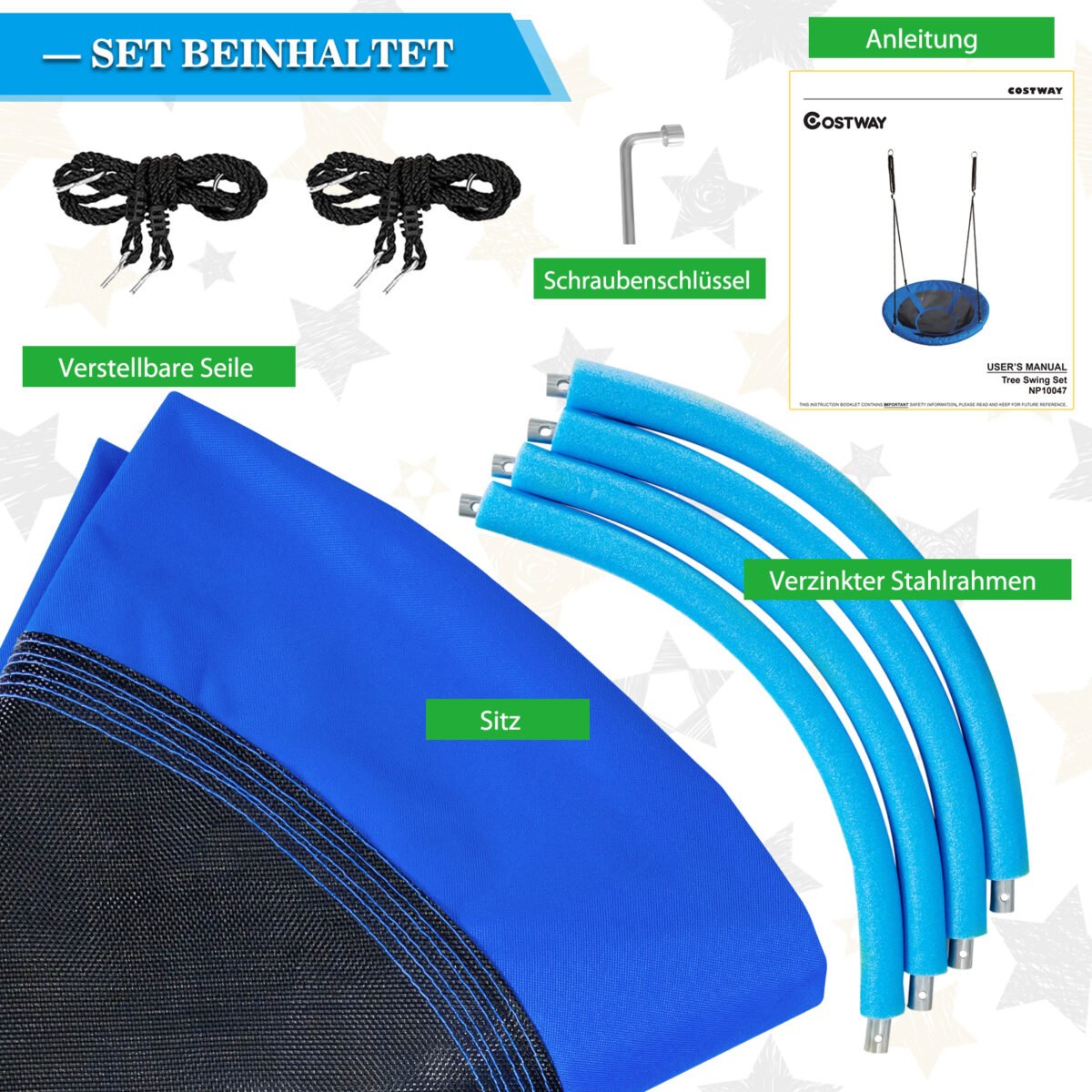 Sodo sūpynės skersmuo 100cm su reguliuojamomis virvėmis (Mėlyna)