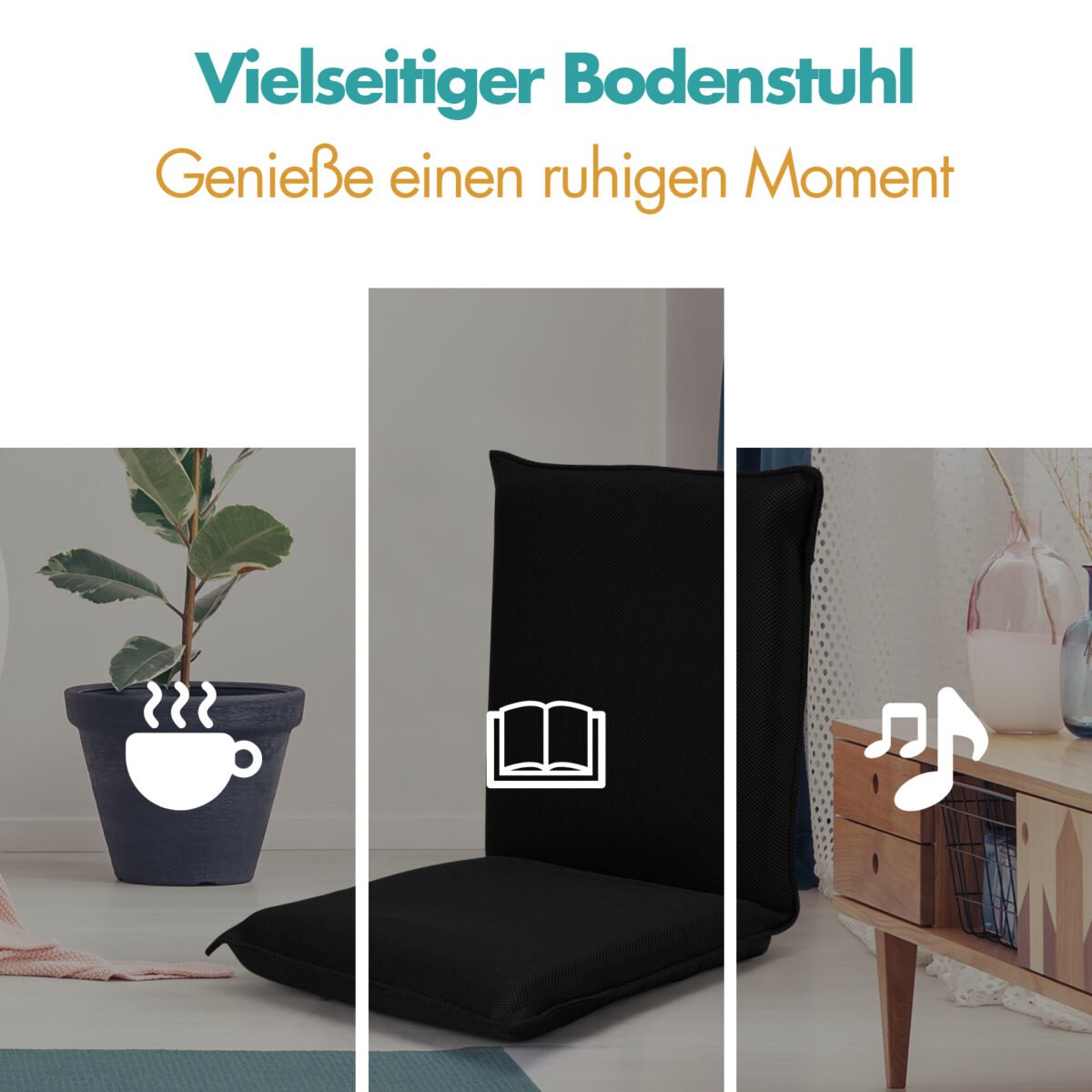 Reguliuojamas grindų fotelis sėdėjimui skaitymui ir žaidimams (Juoda)