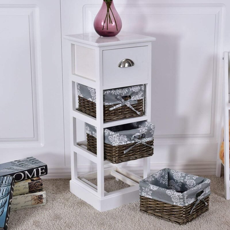 Paulovnijos medienos naktinis staliukas su 1 stalčiumi ir 3 krepšiais (Balta)