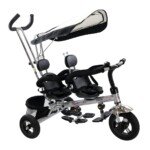 Daugiafunkcis dvivietis vaikiškas triratis su stūmimo rankena (Juoda)