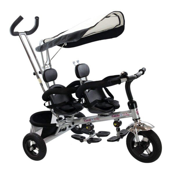 Daugiafunkcis dvivietis vaikiškas triratis su stūmimo rankena (Juoda)