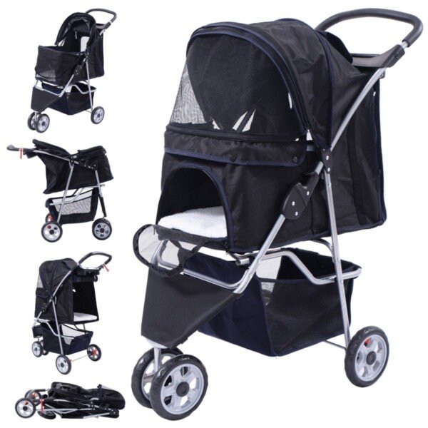 Sulankstomas augintinių vežimėlis su pirkinių krepšiu ir puodelio laikikliu (Raudona)