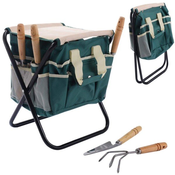 5 dalių sodo įrankių rinkinys su sulankstoma taburete (Žalia)
