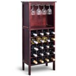 Medinė kolonijinio stiliaus vyno lentyna su 20 butelių ir taurių laikikliais (Vyno raudona)