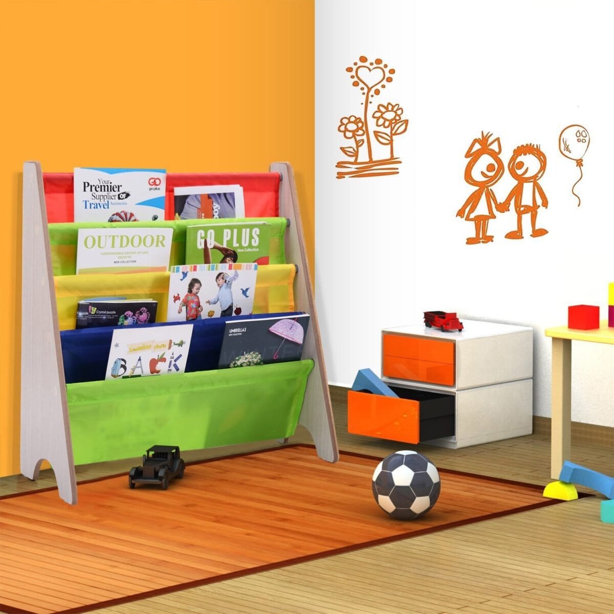 Vaikiška keturių skyrių knygų ir žaislų lentyna (Natūrali)