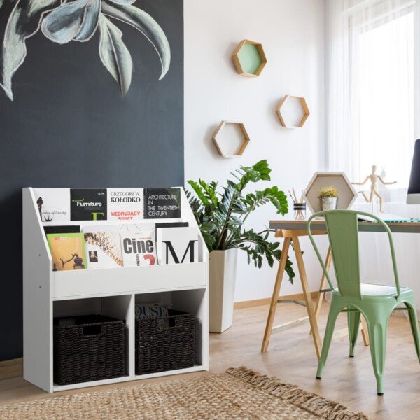 Medinis knygų ir žaislų laikymo stovas su trimis lentynomis (Balta)