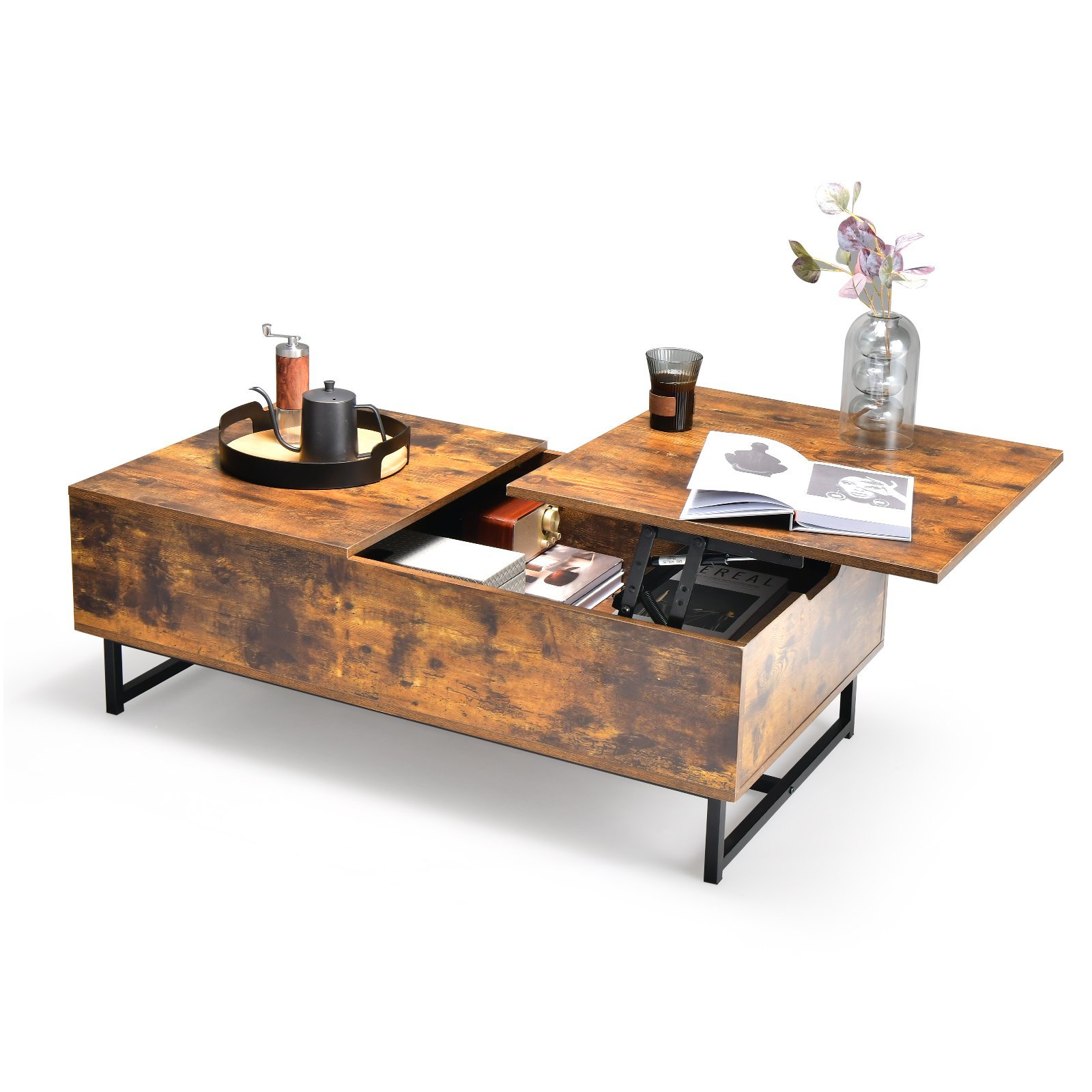 Couchtisch-Beistelltisch-JV10752CF-6 Reguliuojamo aukščio svetainės staliukas su laikymo funkcija (Ruda)