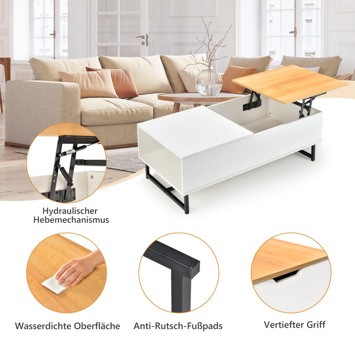 Aukštį reguliuojamas kavos staliukas su papildomu stalčiumi ir metaliniu rėmu (Balta)