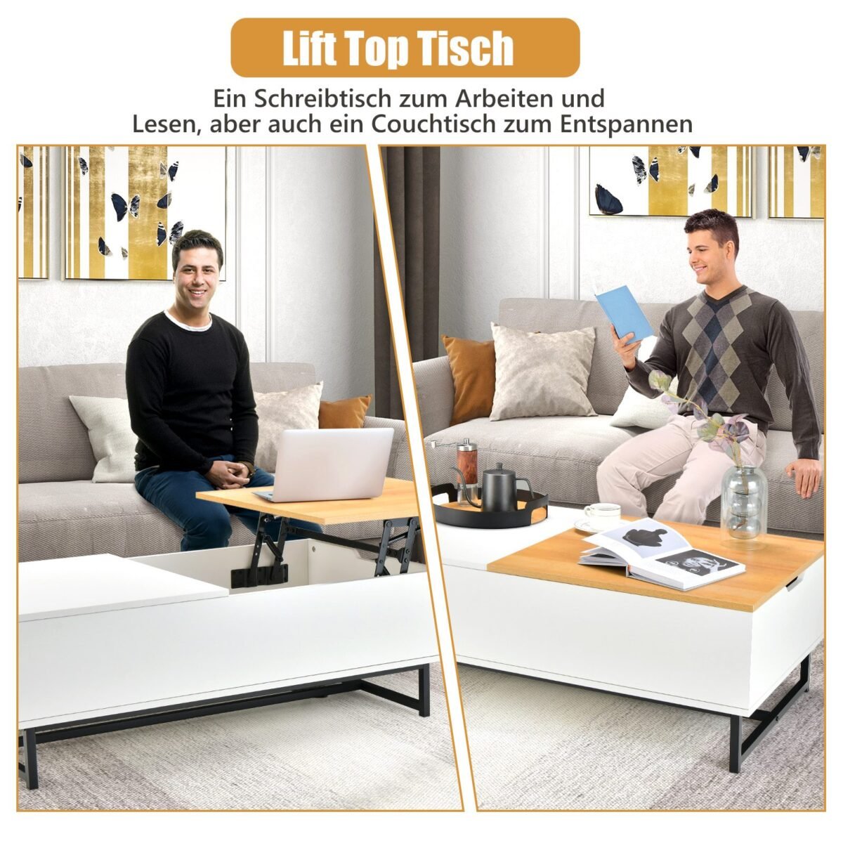 Aukštį reguliuojamas kavos staliukas su papildomu stalčiumi ir metaliniu rėmu (Balta)